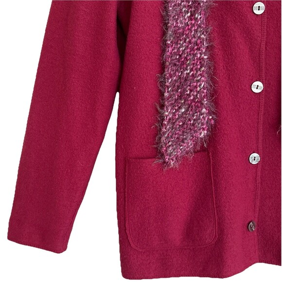 Chicos Boiled Wool Cardigan Jacket Womens 2 L Magenta Button Up w/Eyelash Scarf - Picture 3 of 14